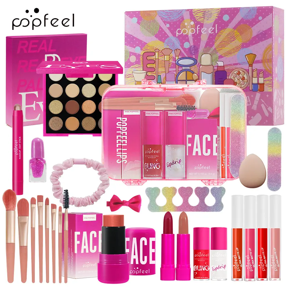 POPFEEL Complete Beginner Makeup Set - All-in-One Kit with Smudge-Proof Eyeshadow Stick, Eyeshadow Palette, Cleanser & Hairband for Stage, Photography, Dance & Travel, Ideal Light Makeup Gift for Students