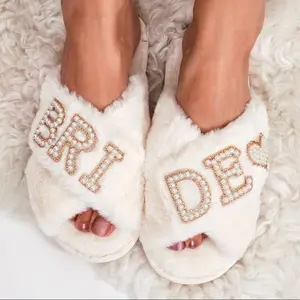 Wedding Slippers for Women Personalized with Pearl Letters Patches - Comfortable Walking Shoes - Footwear, Slide, Flipflop