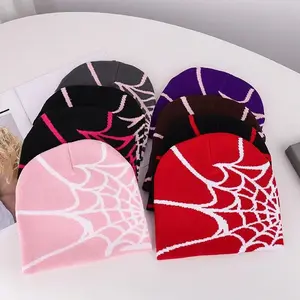 Spider web embroidered beanie hat, unisex fashion hat accessories, new fashion contrast color versatile casual knitted hat