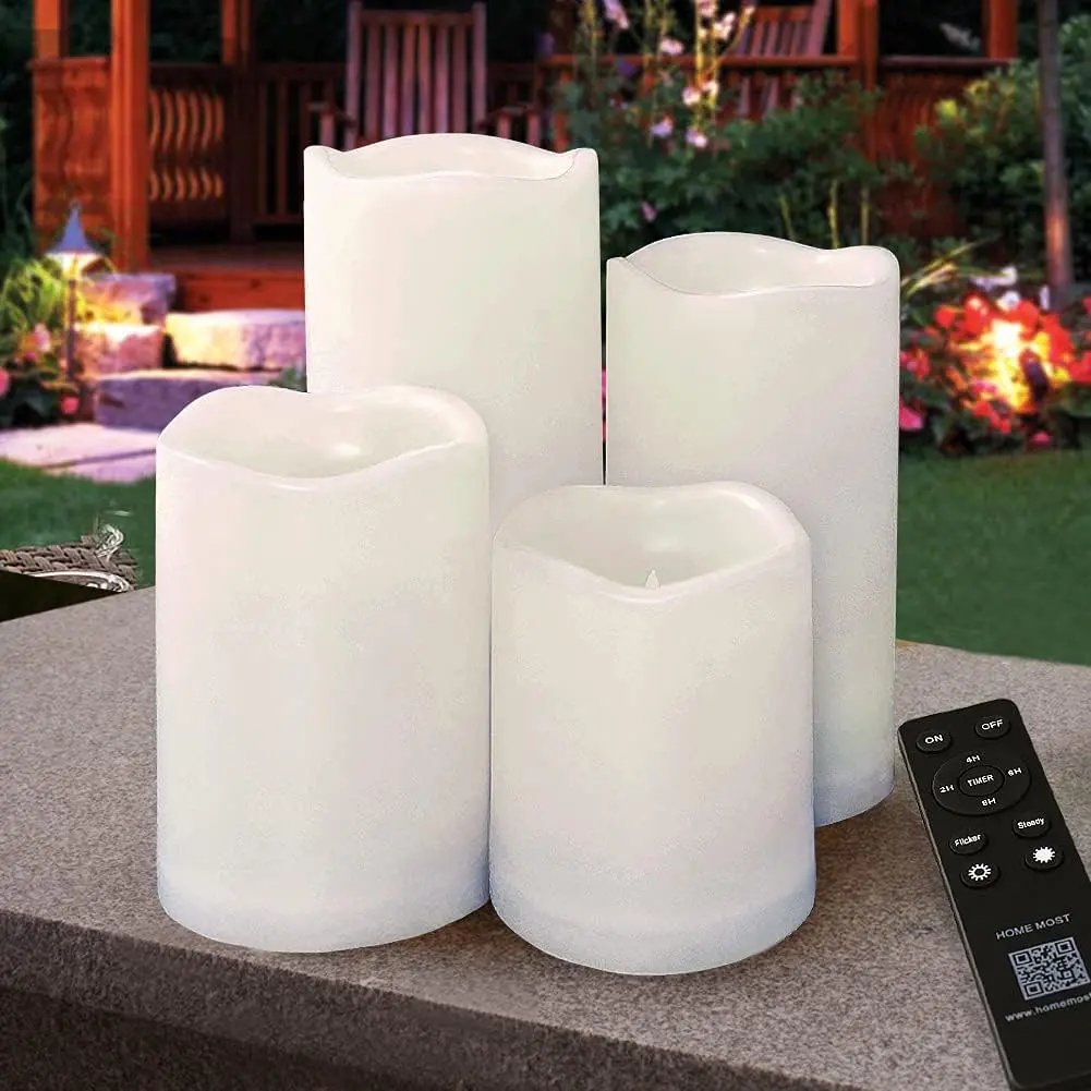 [Pack of 4] White Outdoor LED Pillar Candle Lights - 3x4,3x5,3x6,3x7 in Textured White Body with Wavy Edges, Timer, Remote, Batteries - IP65 Waterproof, Flickering Flameless Unscented Indoor/Outdoor Home Improvement Lights