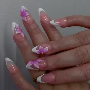 24pcs Long Almond French 3D Floral Gold Beads Nail Art Set, Stylish Acrylic Nails, Acrylic Press-On Nails Kit with Jelly Glue and File, Perfect for Parties