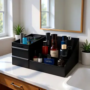 Premium Black Desktop Organizer Box, 7-Compartment Bathroom Accessories Storage with 2 Extra-Deep Drawers for Perfumes, Shaving Tools, Beauty Supplies Organizer, Waterproof, Easy to Clean, Ideal Gift for Him, Room Storage Solution