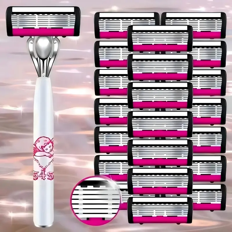 Men & Women Stainless Steel Manual Shaving Tool Set, Includes 1 Handle + 18/6 Replacement Blades, Smooth Pain-Free Hair Removal, Shaver Razors, Replaceable Blade