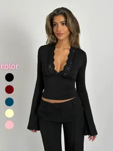 Women's Contrast-Lace Plunge-Neck Flounce-Sleeve Fitted Tee, Elegant Long-Sleeve Top for Spring & Fall, Women's Clothes for Daily Wear