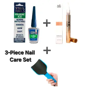 3-Piece Nail Care Value Pack -Steel Nails Hardener with Hyaluronic Acid 12ml, Cuticle Oil Pen 3ml, U-Shaped Foot File Pedicure Tool Uñas de Acero Manicure Lavender Treatment