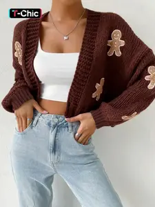 Women's Cartoon Print Drop Shoulder Cardigan, Casual Long Sleeve Open Front Knitwear for Fall, Valentine's Day Gift for Girl, Women's Knit Clothing for Daily Wear, Womenswear Knitting Style