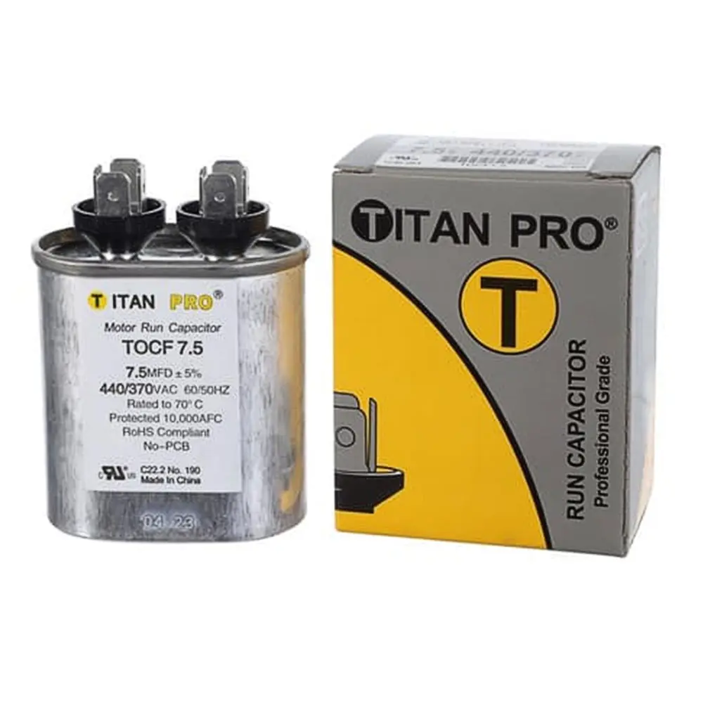 Titan Pro 7.5 MFD 440V Oval Run Capacitor TOCF7.5 – HVAC Motor Run Capacitor, 440/370V Dual-Rated, Aluminum Housing, UL Listed, Standard Blade Terminals