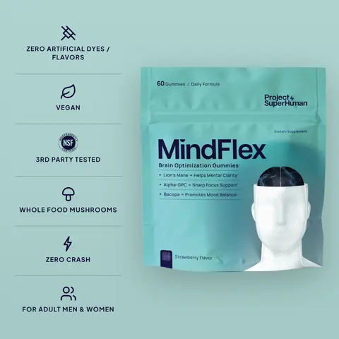 Project Superhuman MindFlex Focus Gummies for Adult Men & Women: MindFlex 6-in-1 Nootropic Brain Support with Alpha GPC, Bacopa Monnieri, Lion's Mane, Huperzine A, B6 + B12, Caffeine Free, No Jitters, No Crash, Vegan, Strawberry, 60 Ct