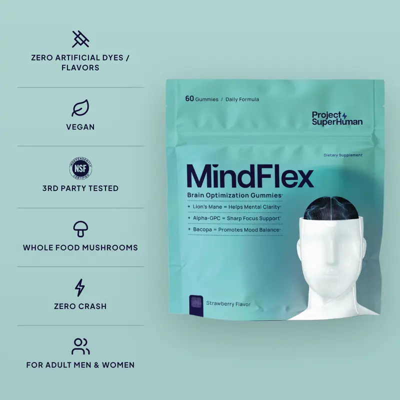 Project Superhuman MindFlex Focus Gummies for Adult Men & Women: MindFlex 6-in-1 Nootropic Brain Support with Alpha GPC, Bacopa Monnieri, Lion's Mane, Huperzine A, B6 + B12, Caffeine Free, No Jitters, No Crash, Vegan, Strawberry, 60 Ct