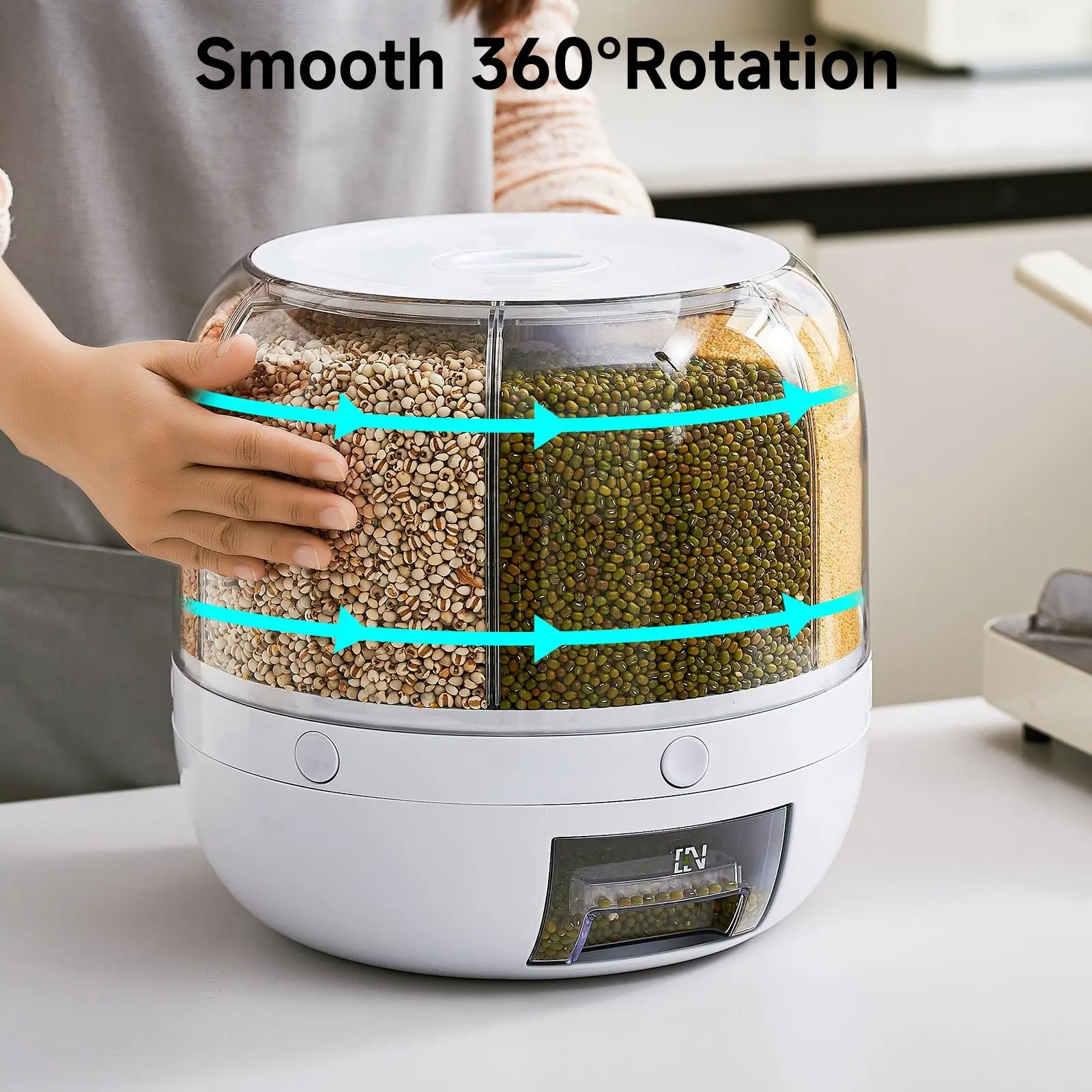 6-Grid Rotating Grain Storage Container Dispenser, 360° Rice & Small Grain Organizer, One-Click Output Food Dispenser for Rice, Beans & Small Grains Only