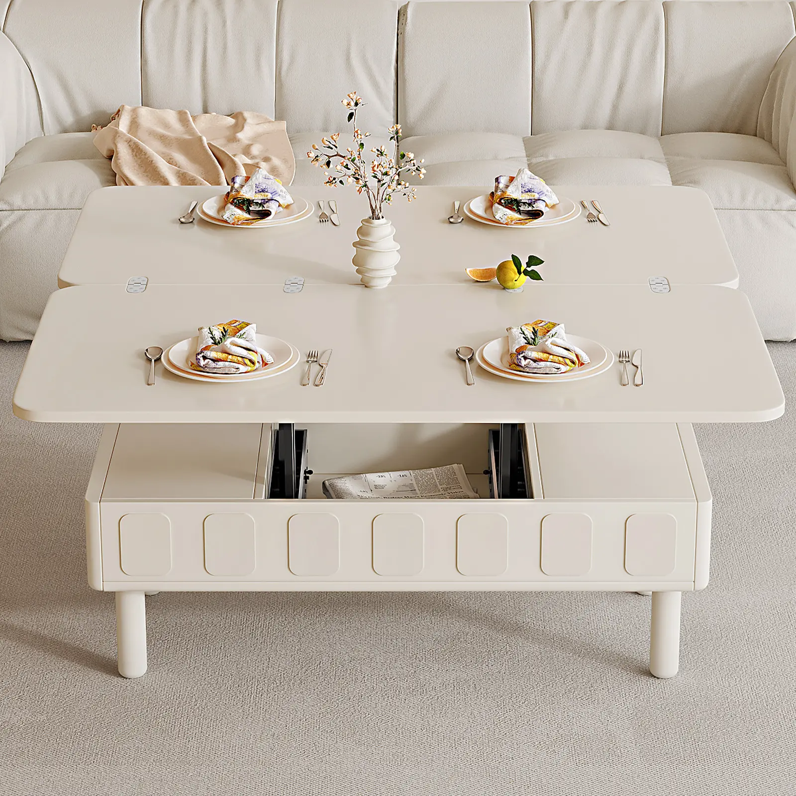 Guyii 3-in-1 Multifunctional Cream White Coffee Table with Foldable Design, Drawer, Hidden Storage Compartment & Open Shelves, Modern Convertible Center Table for Living Room, Home Office
