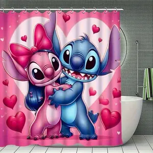 DISNEY CLASSIC Lilo & Stitch Shower Curtain - Waterproof Polyester Fabric, with 12 Stitch Shower Curtain - Waterproof Polyester, with 12 Hooks, Heart and Floral Design for Bathroom Decor Hooks, Heart - themed Bathroom Decor for Kids and Fans