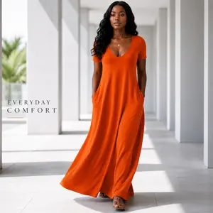 Orange Summer Maxi Lounge Dress for Women, Soft Breathable Short Sleeve Round Neck Dress with Pockets, Casual Loose Fit Comfy Sleepwear House Dress