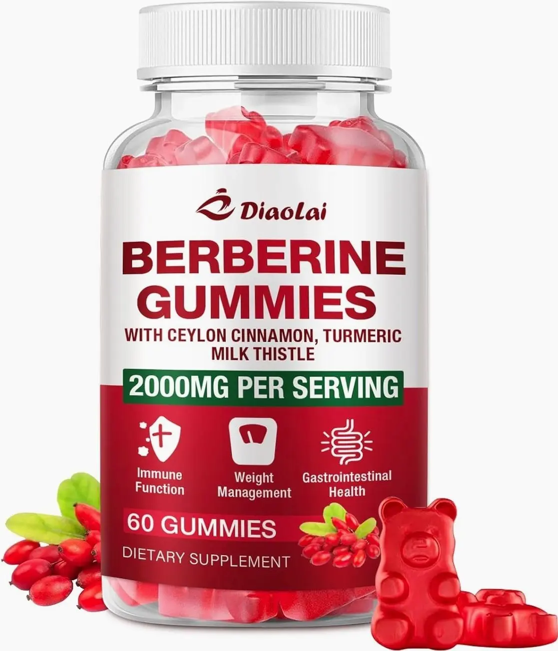 Berberine Gummies 2000mg - Natural Organic Berberine HCL Supplement - Vegan, Non-GMO, Gluten-Free - Delicious Raspberry Flavor - 60 Count