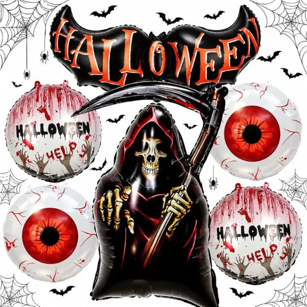 6 Pcs Horror Halloween Death Reaper Foil Balloons with Bat, Reusable Arch Decor, Spooky Haunted House & Home Indoor-Outdoor Party Supplies