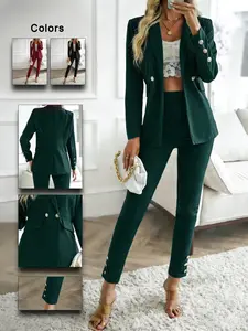Women's Suit Set, Double-Breasted Button Herringbone Long Sleeve Blazer & Solid Color Pants, Elegant Office Wear, Comfortable Business Attire, Slim Fit