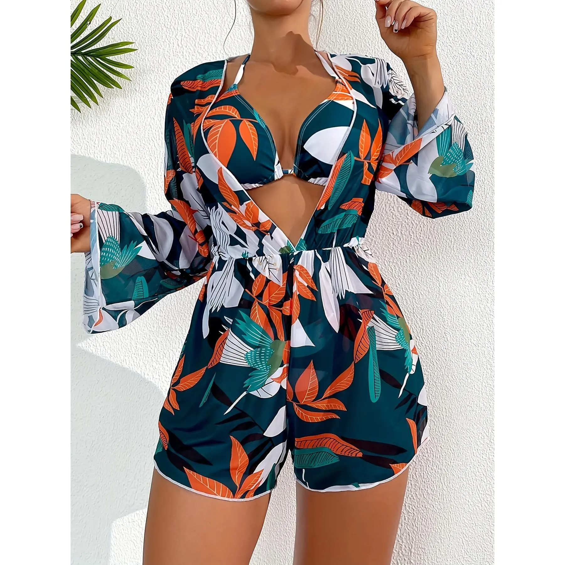 Women's 3-Piece Tankini Swimsuit Set - Hanging Neck Top, Long-Sleeved V-Neck Cardigan, Clothing for Beach, Hot Spring Use