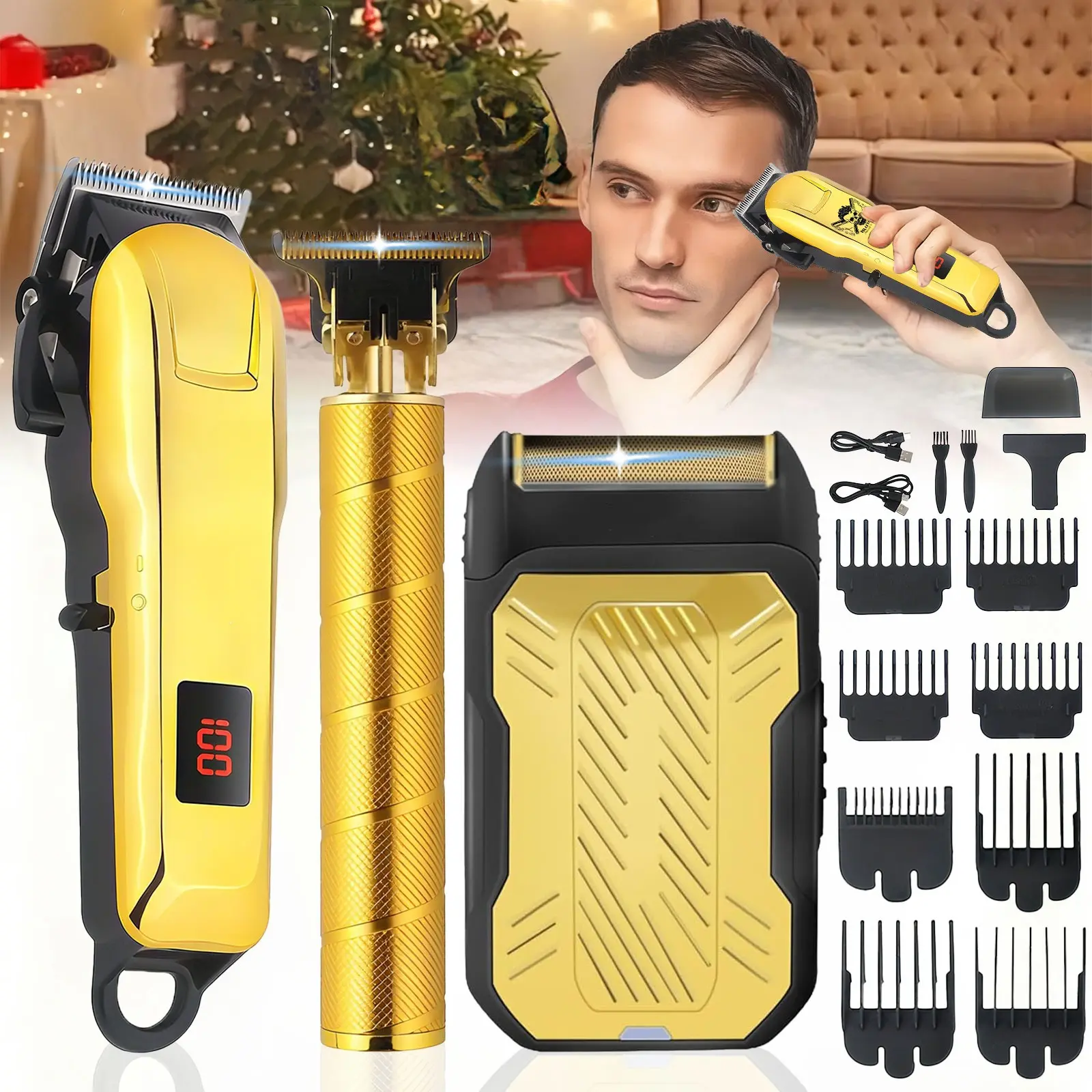 Men's 3-in-1 Cordless Hair Clipper & Trimmer Set - Adjustable Pole, Long-Lasting Battery, Professional Haircutting & Beard Styling Kit, Barber Equipment for Home & Barbershop, Ideal Gift for Father's Day, Birthday, Christmas