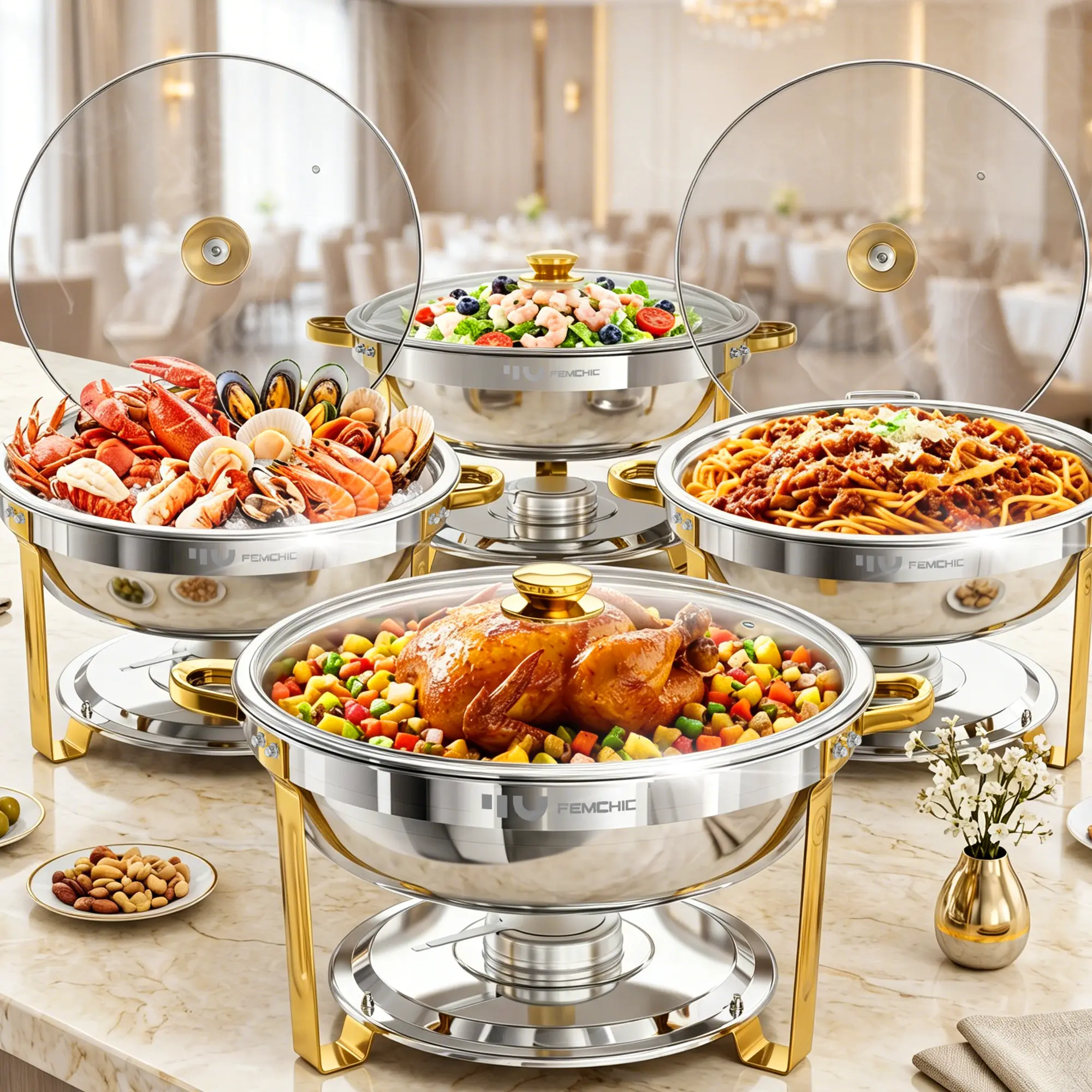 Femchic 9QT Gold Chafing Dishes for Buffet, 2/4 Pack Stainless Steel Round Chafer Set with Glass Lid, Stackable & Smooth Rim, Dishwasher Safe, for Catering, Parties, Weddings & Holiday Gatherings