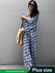 【Plus Size】All Over Print Kimono Sleeve Cover Up Dress with Belt, Boho Casual Long Sleeve Cover Up Dress for Beach Holiday Vacation, Women's Clothes for All Seasons, Swimwear Cover Up