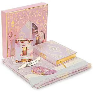 Ihvan Online Prayer Gift Set for Hajj and Umrah, Muslim Prayer Rug, Prayer Mat, Beads Taasbih, Holy Quran Translated English, Muslim Praying Mat, Islamic Gift Set for Ramadan & Eid, Pink ihvan