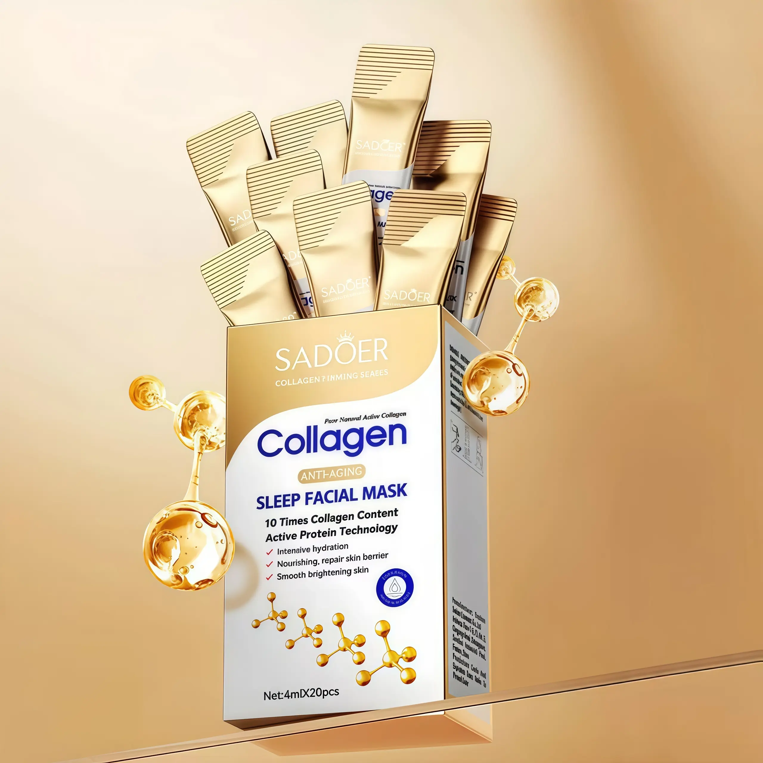 Sadoer Collagen Overnight Facial Mask (20pcs) - Hydrating, Easy-Absorption, Non-Irritating, Portable No-Wash Skin Repair Treatment for All Skin Types, Unisex Beauty Products for Adults' Night Routine, Collagen Overnight Face Masks, Collagen Face Masks