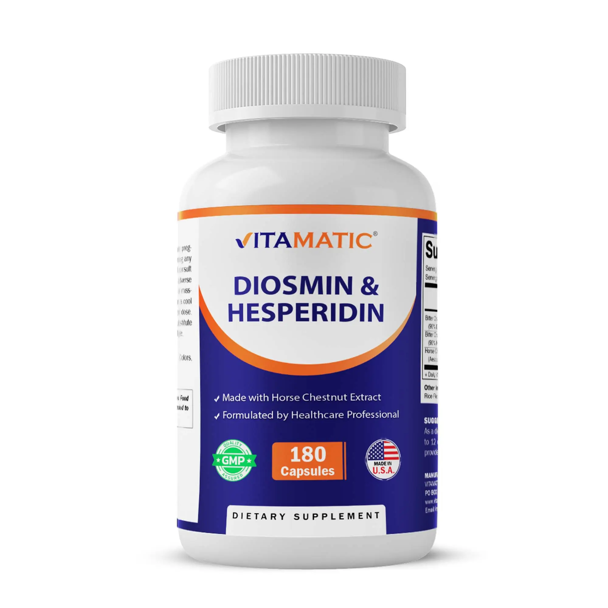 Vitamatic Organic Diosmin Hesperidin 1000mg Daily Nutrition Supplement, 180 Capsules with 100mg Horse Chestnut Extract, Citrus Bioflavonoids Complex, Non-GMO, Made in USA