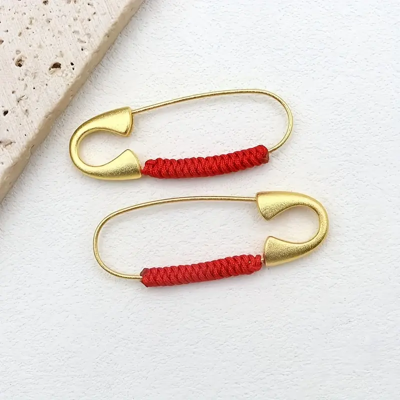 2pcs Handcrafted Golden Safety Pins with Red Braided Cords