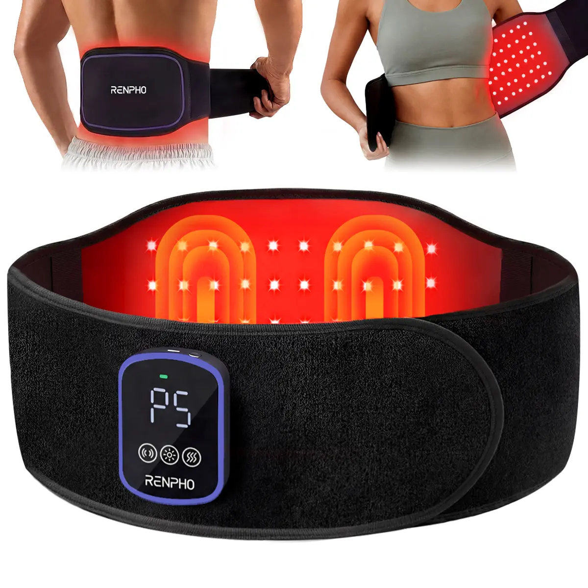 RENPHO Portable Multifunctional Rechargeable Heating Pad - Back & Neck Pain Relief, FSA/HSA Eligible, Red LED Light Therapy Belt, Vibration, Auto Off Timer, Auto Lock, Sweatproof TPU, Adjustable Strap, Father's Day Gift for Waist/Shoulder, Portable Heatin