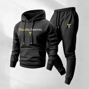 Men's Mamba Mentality printed hooded drawstring tracksuit, a casual two-piece set including a hoodie and sweatpants, perfect for autumn and winter, suitable for indoor and outdoor activities, a men's everyday sports and leisure outfit.