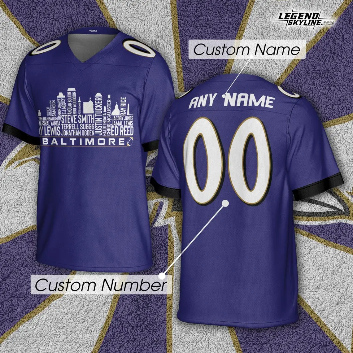Baltimore Custom Football Jersey Greatest Of All Time Team Legends, Baltimore City Skyline Shirt, Personalized Name Number