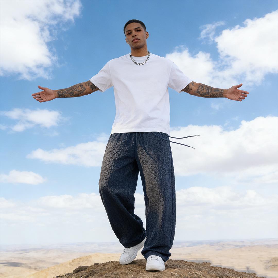 Men's Textured Waffle Knit High Waist Wide Leg Pants, Casual Loose Track Pants, Streetwear