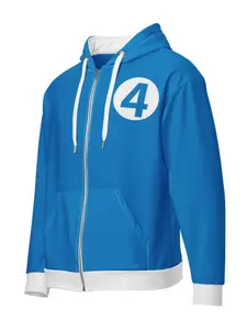 Fantastic Four Costume Unisex Zip-Up Hoodie with Number 4 Logo Royal Blue & White Trim Menswear Sweatshirts Tops