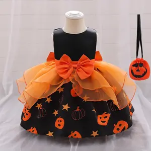 Kids Clothes Halloween Dress with Bag Orange Black 028 Children Cosplay Costume Fancy Carnival Pumpkin Witch Vampire Party Holiday Princess Frock