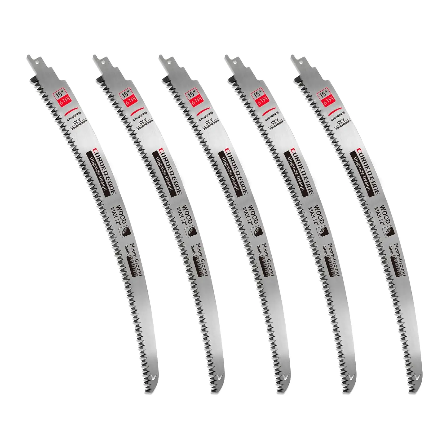5-Pack 15-Inch 6 TPI Cr-V Reciprocating Saws (Hand Tools), Curved Edge Fleam-Ground Sawzall Blades for Tree Trimming, Longer Life & Faster Cutting Speed