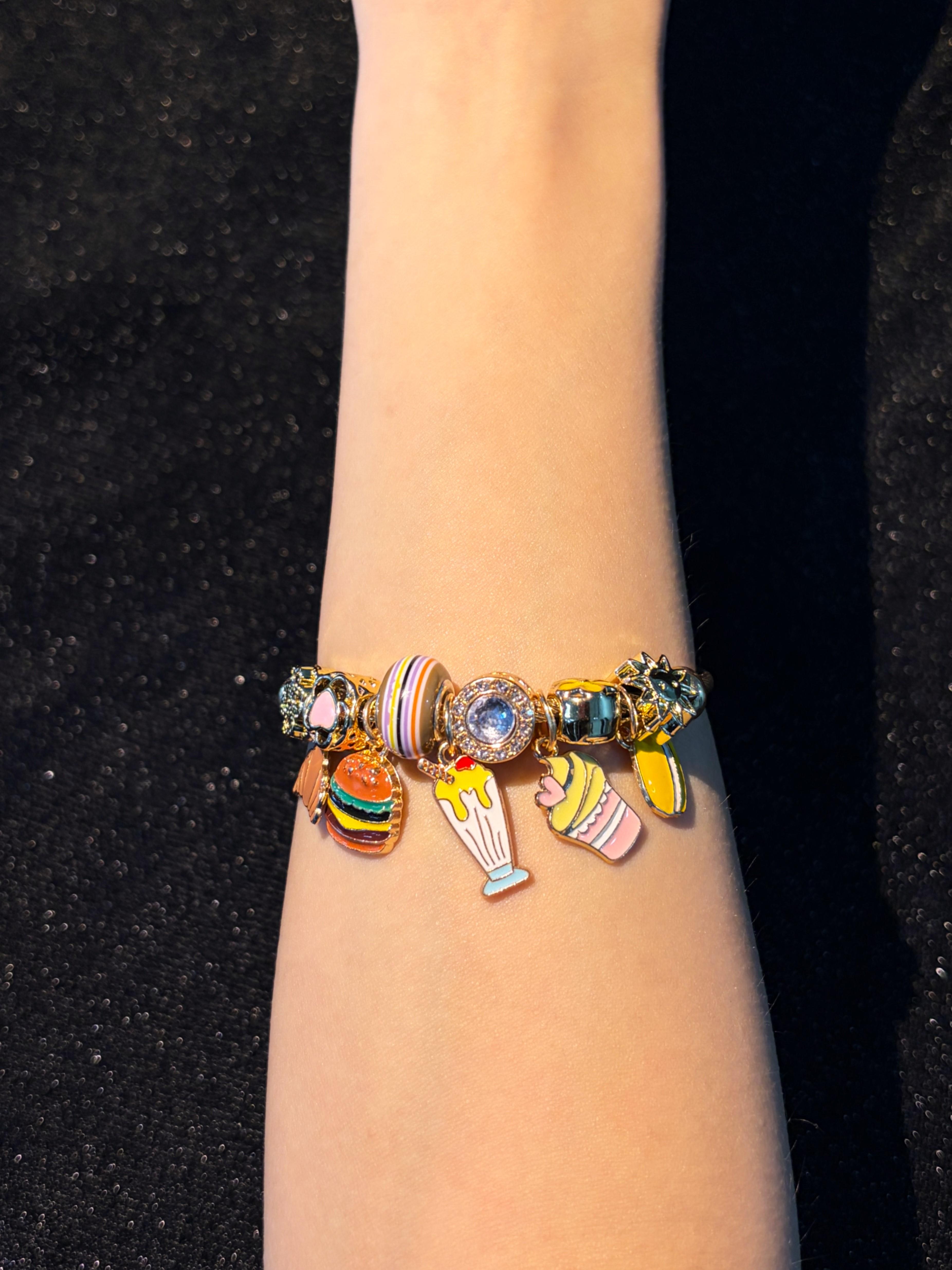 Women's Gold-Tone Open Cuff Bangle with Cute Food Pendant, Adjustable Stackable Costume Jewelry for Gifting