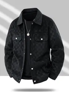 Men's Stylish Plaid Collared Suede Jacket, Coats, Outerwear, Loose Comfortable Windproof Warm Jacket for Outdoor Activities, Perfect for Fall & Winter, Casual Wear