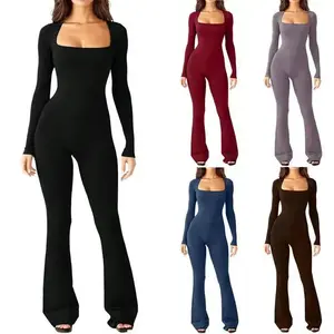 Long Sleeve Belly Waist Shaping and Hip Lift Square Collar Wide Leg High Elastic Jumpsuit