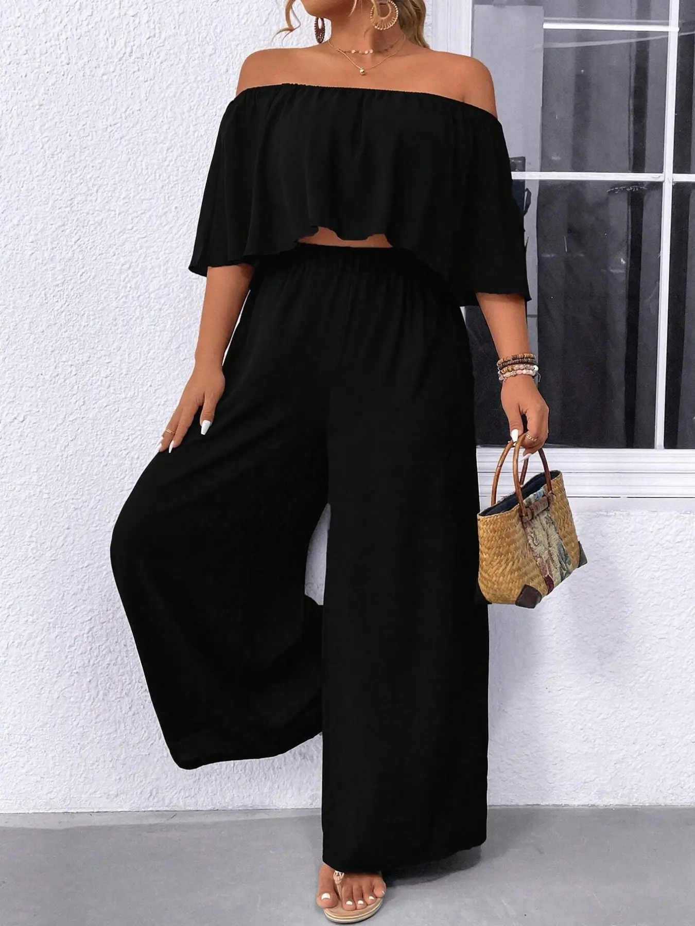 Women's Plus Size 2 Piece Outfits Off Shoulder Crop Top Wide Leg Pants Set Ruffle Flowy Tummy Control Casual Summer Beach Vacation Trendy Womenswear