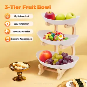 CNCEST 3-Tier Fruit Bowl with Bamboo Wood Stand - Yuanbao Shape, Durable & Stackable, Food-grade PP, Compact Size 22.5*14*32cm, Ideal for Family Gatherings