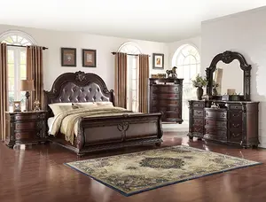 B1600 4 pc Stan rich brown finish wood faux leather tufted upholstered headboard sleigh style bedroom set with marble tops