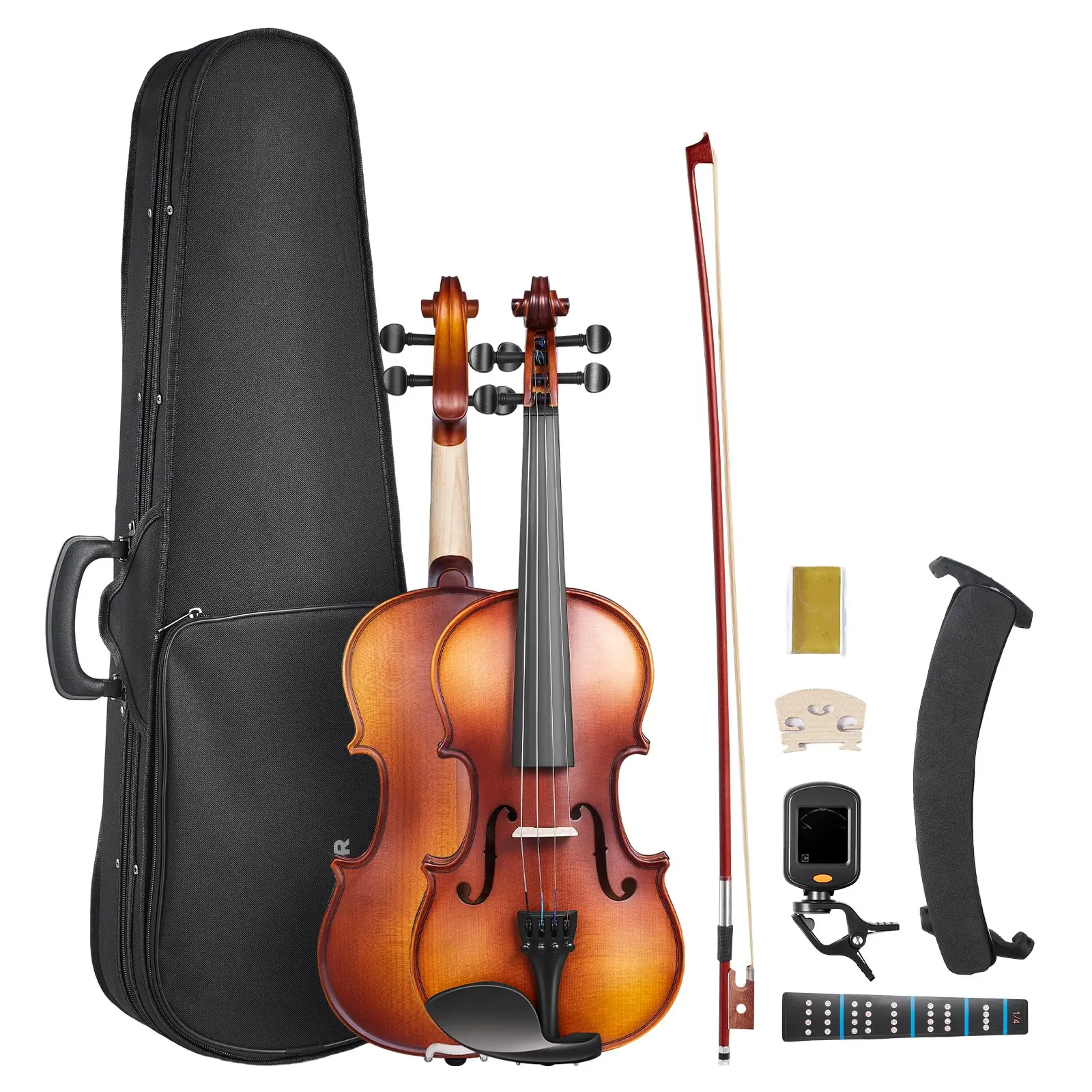 【Summerfinds】VEVOR 1/4 Size Maple & Spruce Solid Wood Violin Instrument Kit for Ages 4+, Beginners with 18-20 in Body, 2.45 lbs Weight, Hard Case, Rosin, Bow, Comfortable Shoulder Rest, Bridge, Tuner, Extra Strings, Gloss Varnish, Sticker, Matte Brown