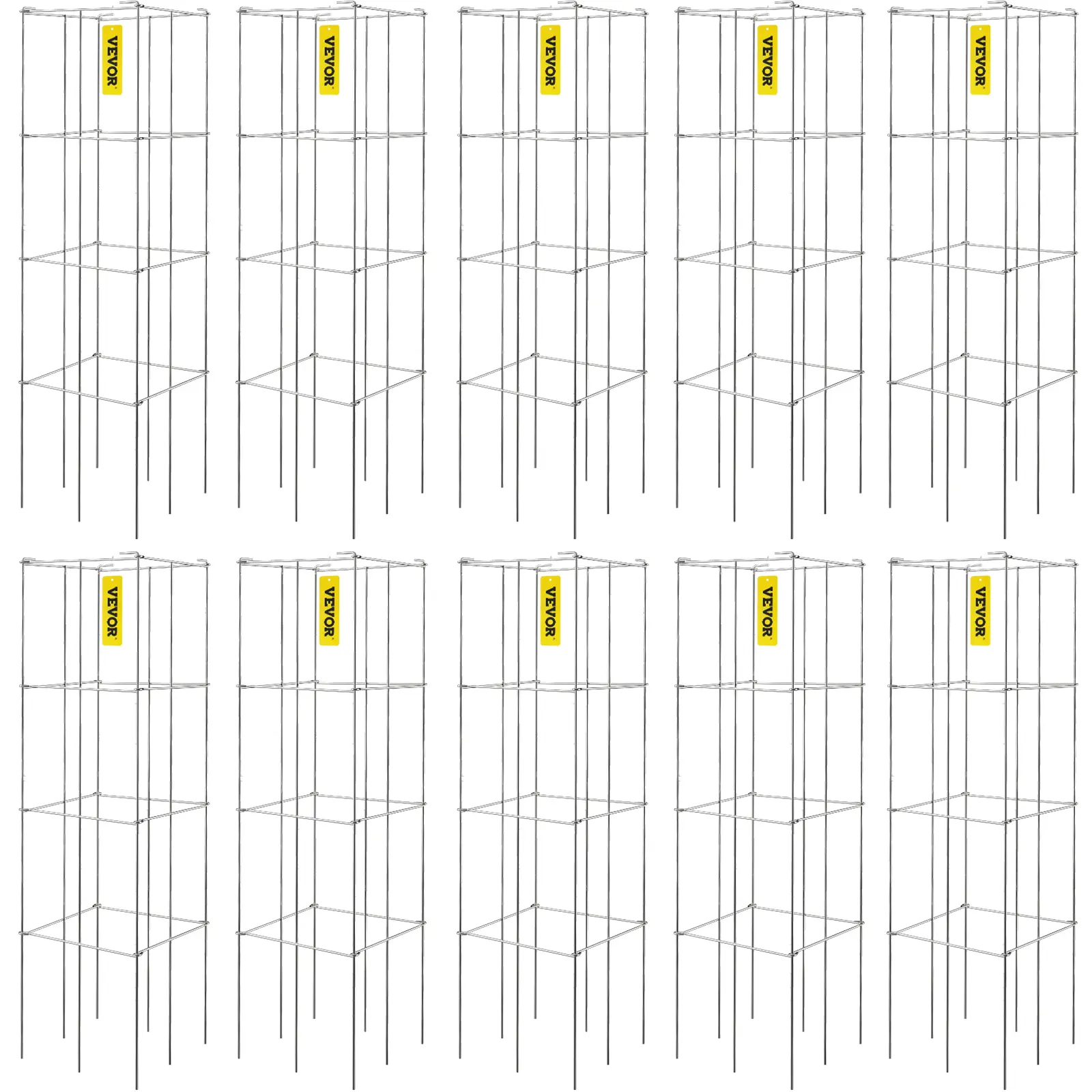 VEVOR 10-Pack Square Metal Climbing Planting Stand, 11.8"x11.8"x46.1" 3-Tier Silver PVC-Coated Steel Tomato Cages, 22 lbs/10 kg Support Towers for Home Climbing Vegetables, Flowers