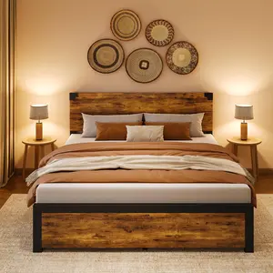 Full Size Bed Frame with Wooden Headboard – Features a Platform Design with Under-Bed Storage and Metal Legs. Noise-Free Operation, Rustic Brown, easy installation