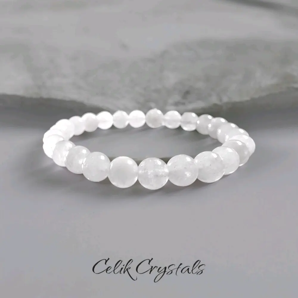 Celik Crystals Natural White Quartz Healing Crystal Bracelet, 8mm or 10mm Stretch Bangle Bracelet for Positive Outlook