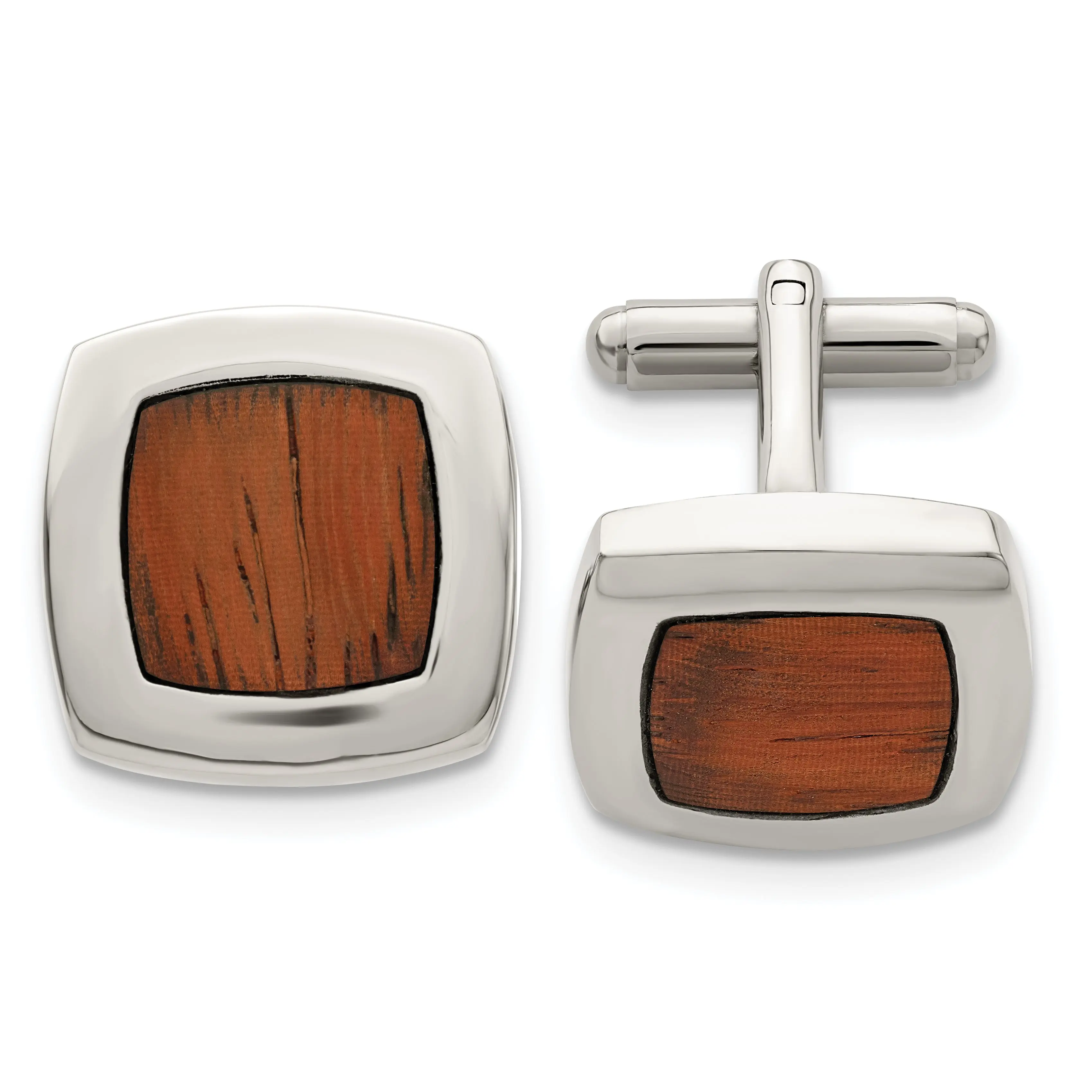 Stainless Steel and Koa Wood Inlay Cufflinks in Polished Finish Gift Ready