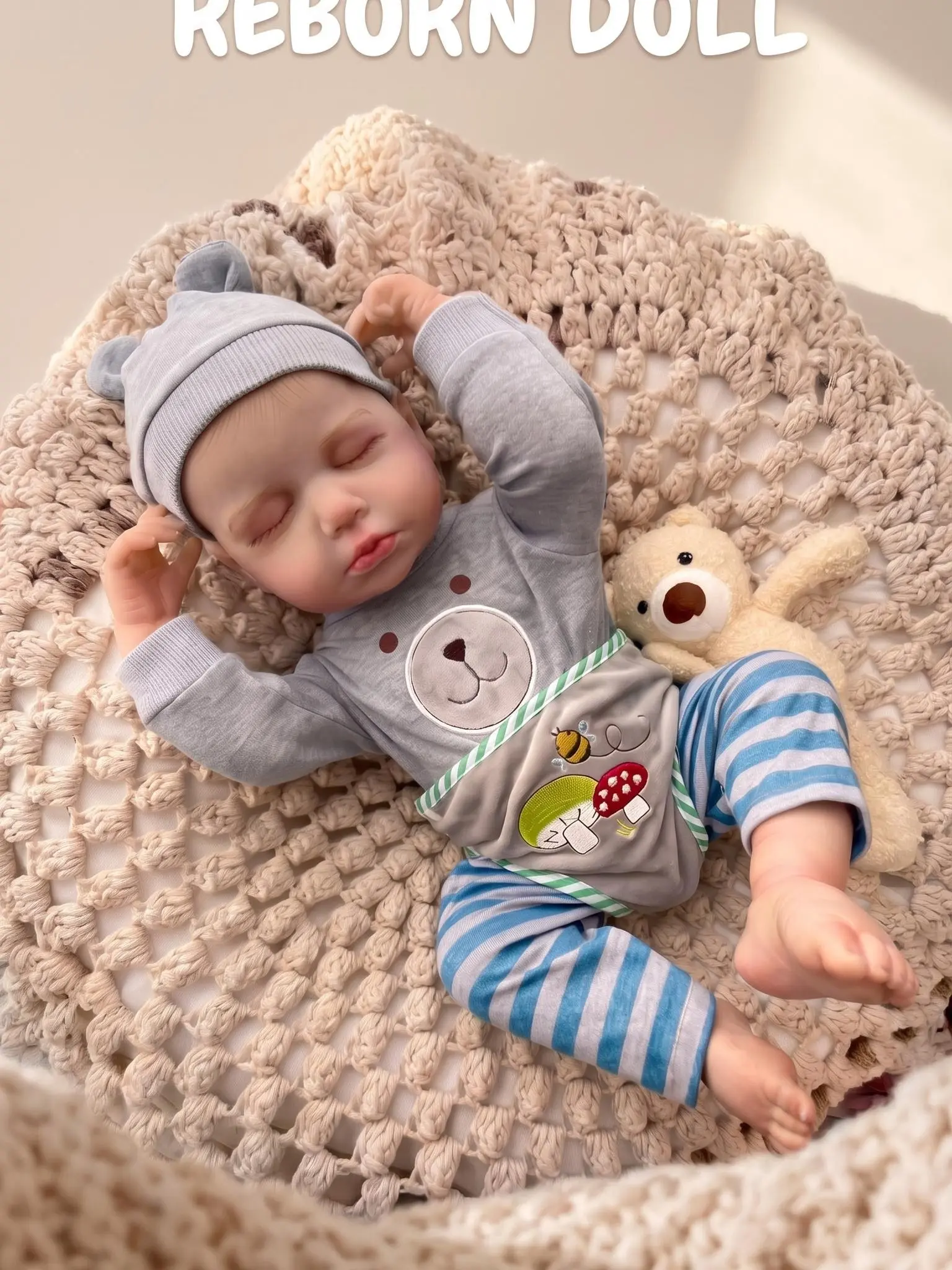 18 Inch Full Body Vinyl Closed Eyes Sleeping Reborn Baby Doll, Grey Bear Bee Mushroom Embroidery  Striped Pants with Grey Bear Ear Hat, Reborn Doll CPC Certified Realistic Reborn Baby Doll, Christmas Gift,  Handmade, Collectible, Toy, Gift for Girls