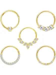5 Pcs Daith Earrings Jewels 16G Stainless Steel Cartilage Helix Tragus Nose Hoop Piercing Jewelry 8MM 10mm Silver Gold Rose Gold Black Plated CZ Hinged Septum Clicker Rings Helix Pierced Ring Hinged Nose Hoops
