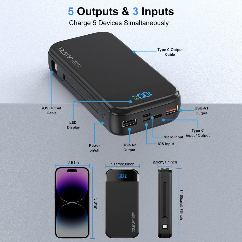 32000mAh Portable Charger with Built-in USB-C & Lightning Cables, 20W Fast Charging Power Bank, LED Display, Portable Battery Pack for iPhone 16/15/14, Samsung Galaxy, iPad & USB-C Devices