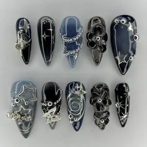 T80 Lynn Midnight Galaxy Press-On Nails, 3D Star & Chain Charms, Black Silver Cosmic Art, Edgy Floral Details, Gift for Her